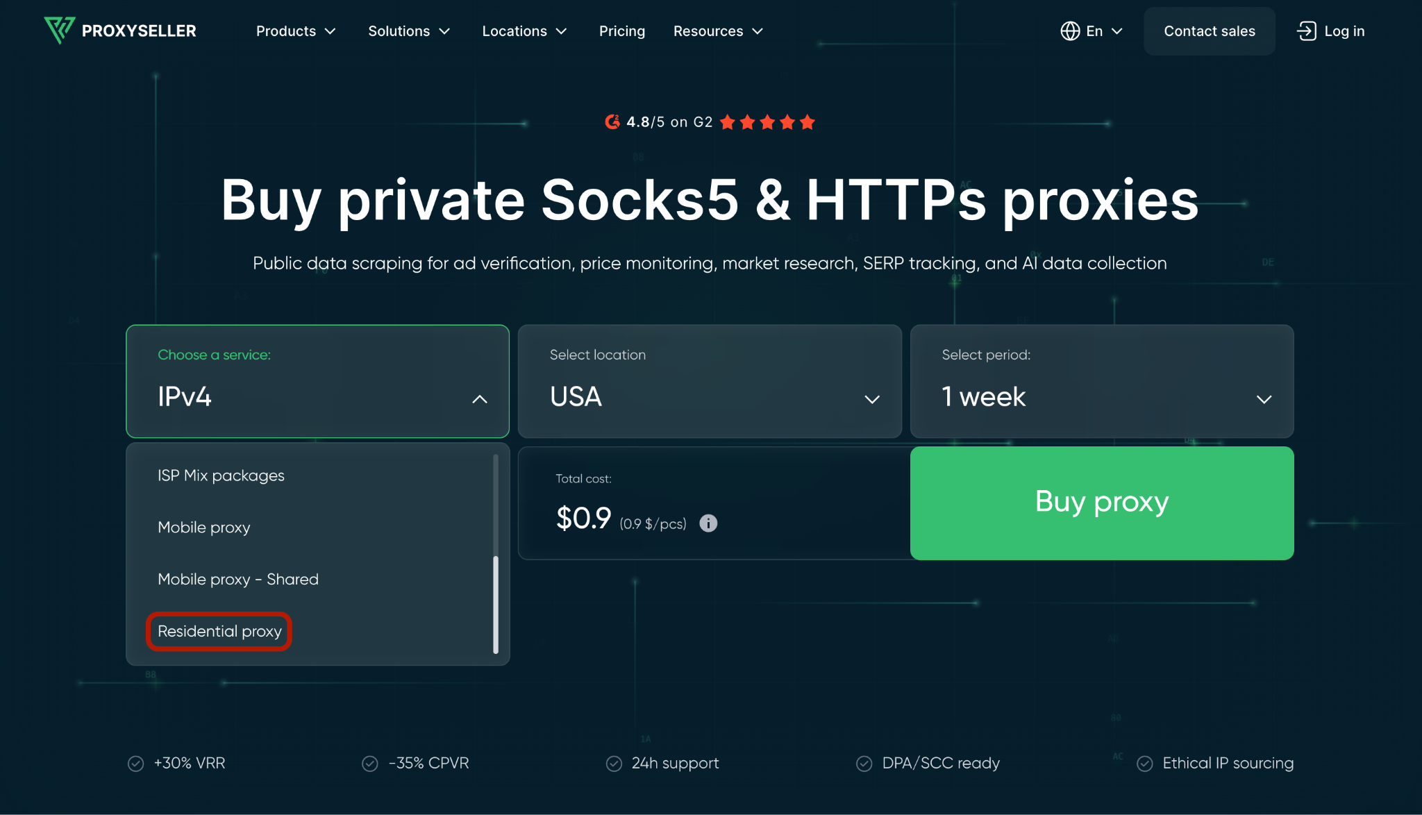 Selecting residential proxy service from the Proxy-Seller product dropdown on the homepage ordering form