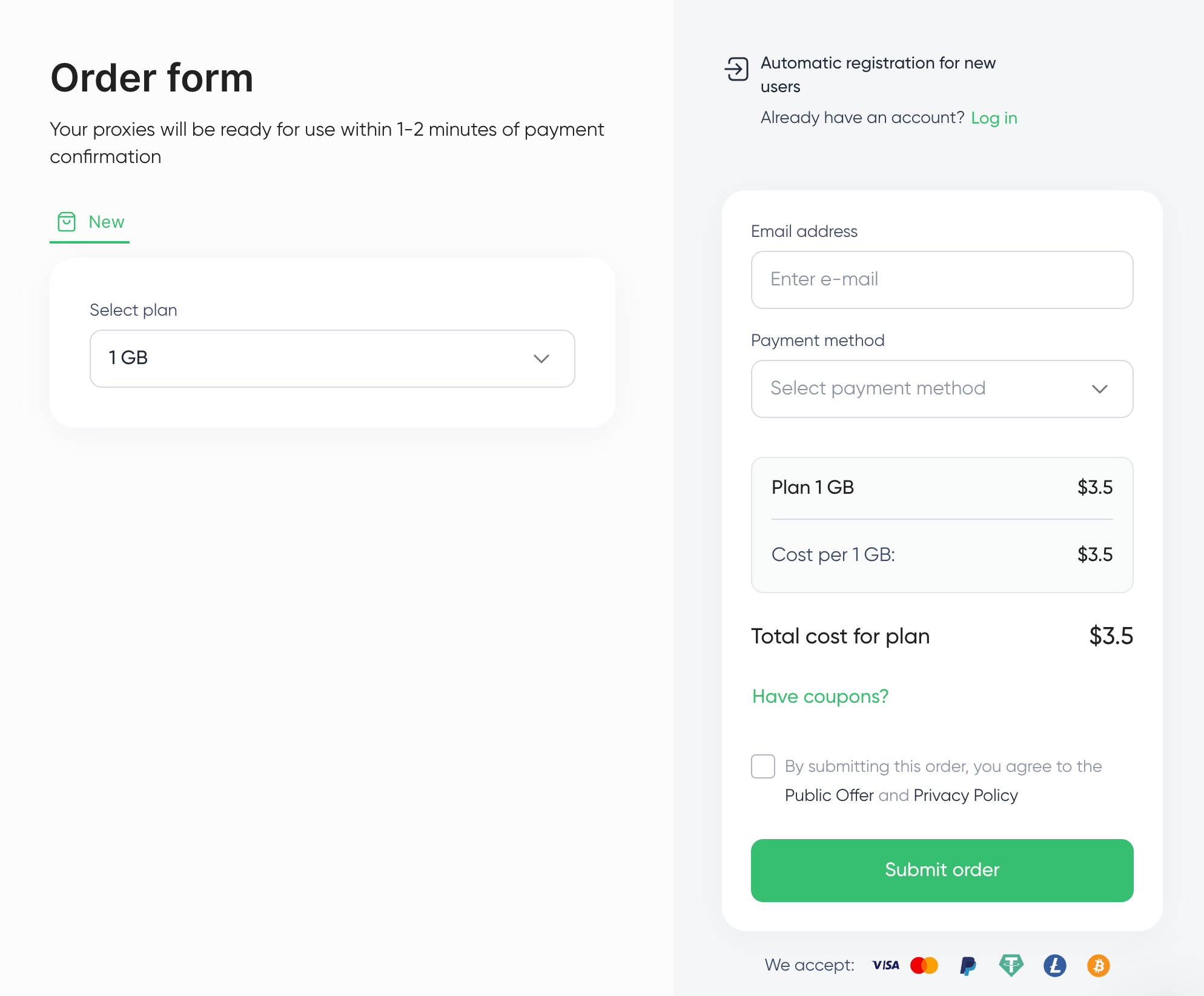 Proxy-Seller order form for residential proxy showing email, payment method, and total plan cost fields