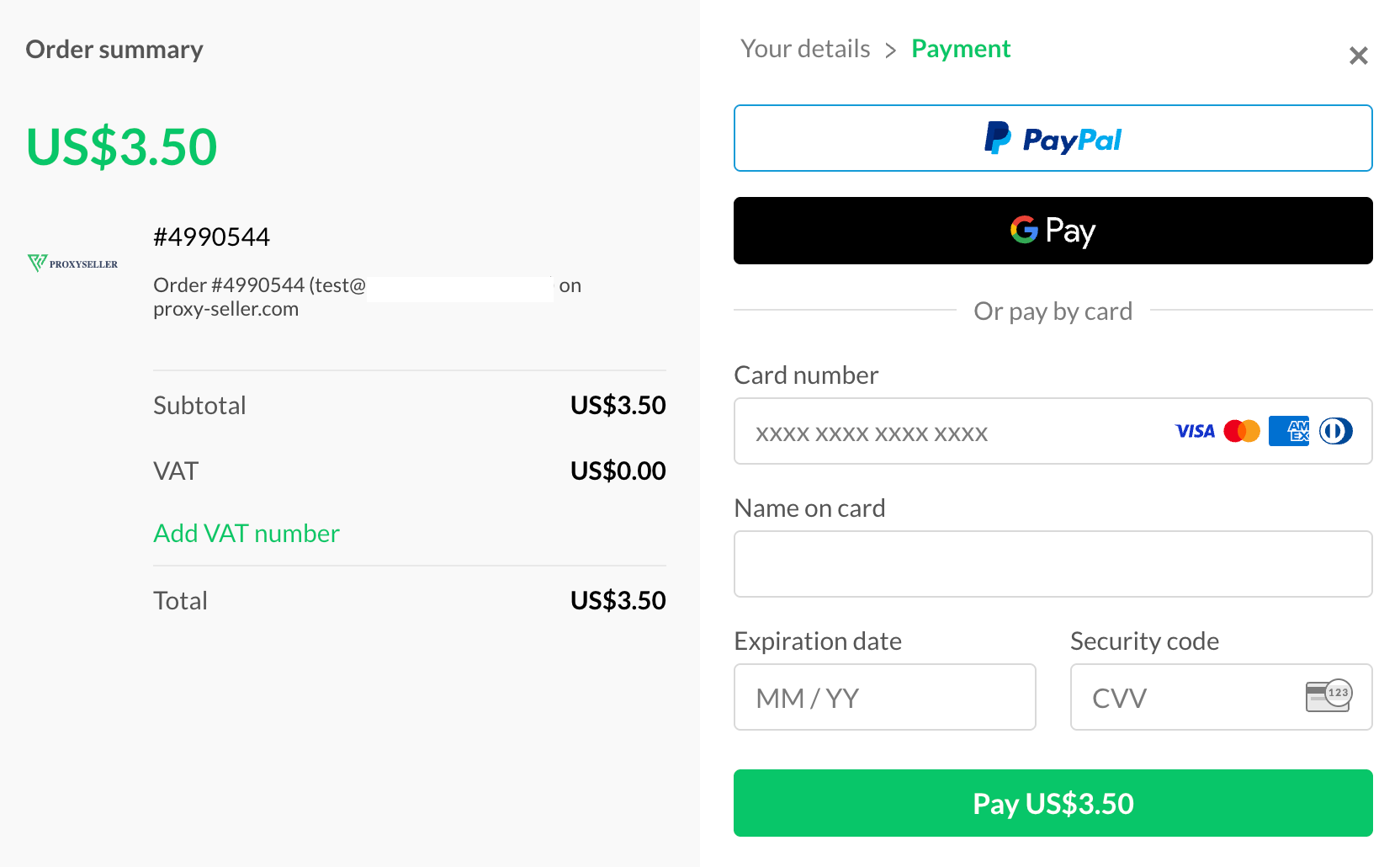 Payment page for residential proxy order #4990544 with PayPal, Google Pay, and card options at US$3.50