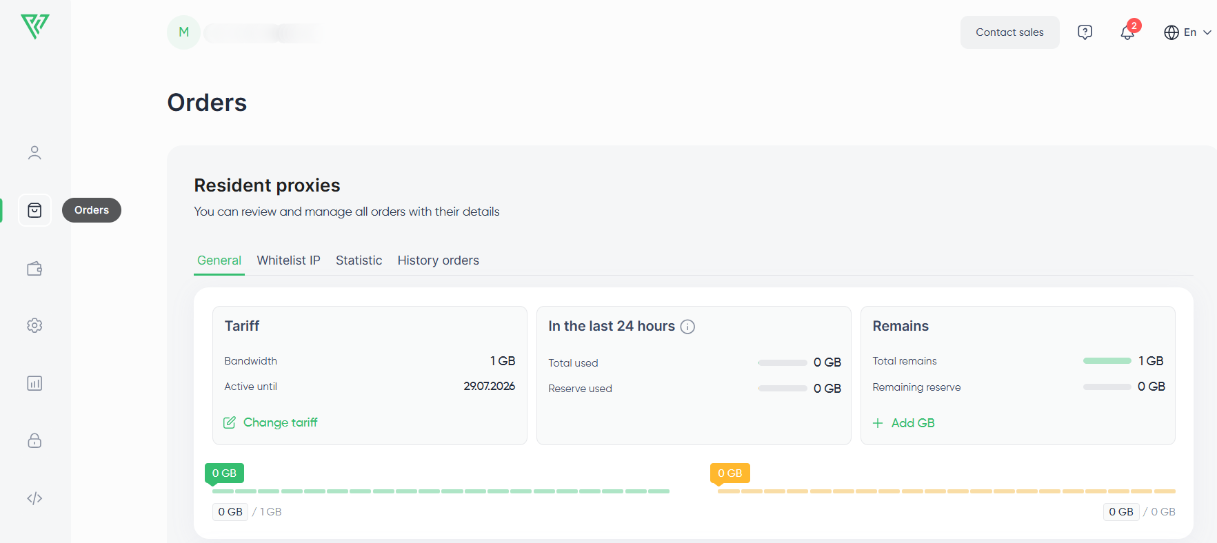 Proxy-Seller dashboard displaying residential proxy tariff, 24-hour usage stats, and remaining bandwidth