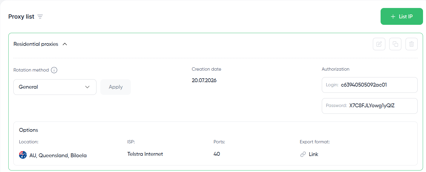 Residential proxy list details with login, password, rotation method, and Telstra ISP location in Australia