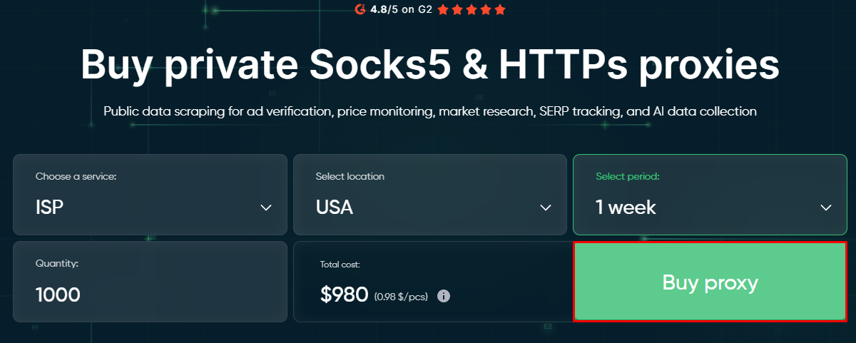 Proxy-Seller homepage ISP proxy checkout with USA location, 1-week period, 1,000 quantity, and Buy proxy button highlighted