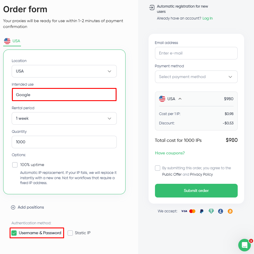 Proxy-Seller USA ISP proxy order form with Intended use set to Google and Username Password authentication selected