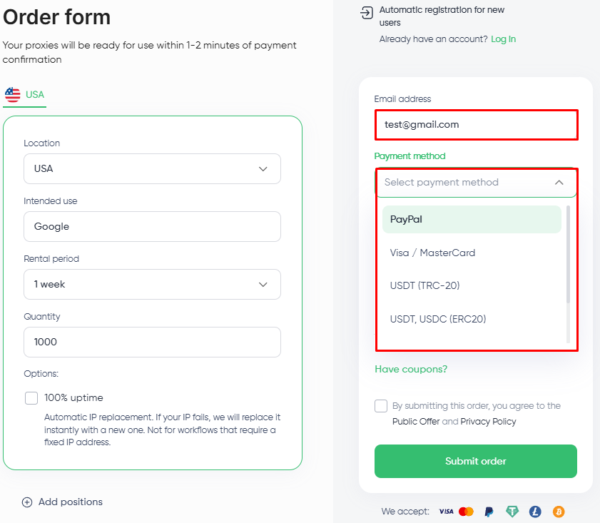 Order form Payment method dropdown open listing PayPal, Visa MasterCard, USDT TRC-20, and USDT USDC ERC-20 options