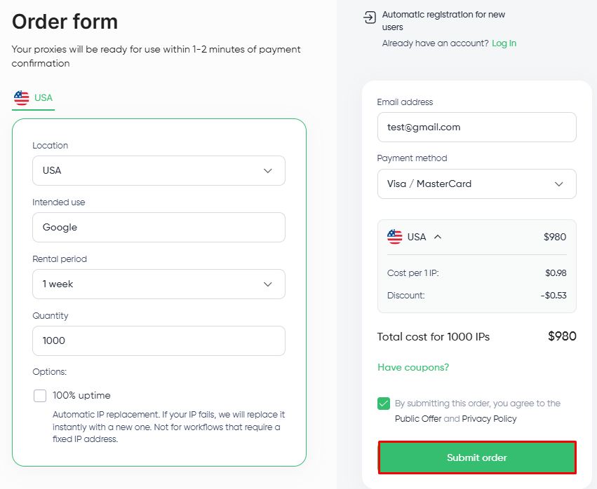 Proxy-Seller ISP proxy order summary with Visa MasterCard selected, Public Offer checkbox agreed, and Submit order highlighted