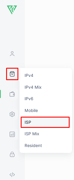 Proxy-Seller dashboard sidebar Orders menu expanded with ISP proxy option highlighted for post-purchase management