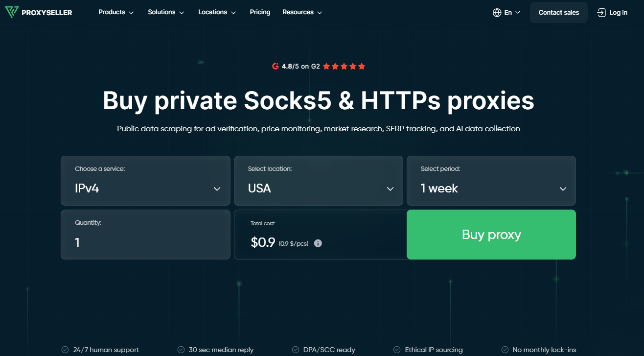 Proxy-Seller homepage dedicated proxy configurator with IPv4 service, USA location, and 1-week period selected for checkout
