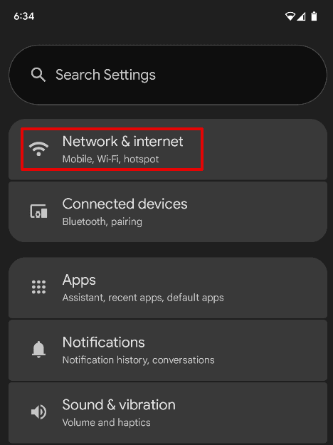 Android Settings app home screen with Network and internet highlighted as the first step to set up proxy on Android