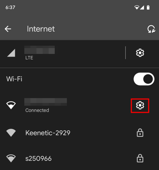 Internet menu in Android with the gear icon next to the connected Wi-Fi network highlighted to open Android proxy settings