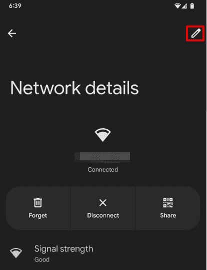 Network details screen in Android with the pencil edit icon highlighted to enter Android proxy configuration