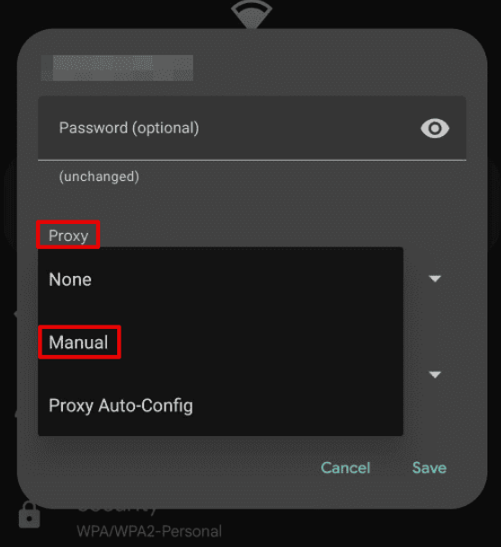 Android proxy dropdown showing None, Manual, and Proxy Auto-Config options with Manual selected for manual configuration