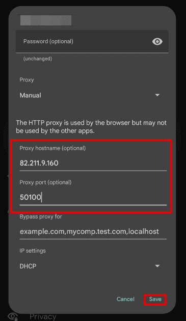 Android proxy configuration screen with Proxy hostname and port fields filled and the Save button highlighted
