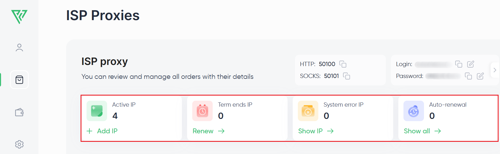 Private proxy account management on Proxy-Seller: active IP, term ends IP, system error IP and auto-renewal panel