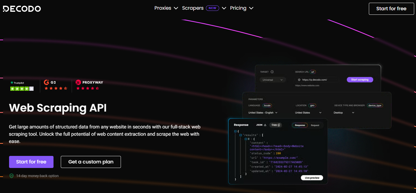 Decodo Web Scraping API landing with Trustpilot, G2, Proxyway ratings and 14-day money-back option for scraping workflows
