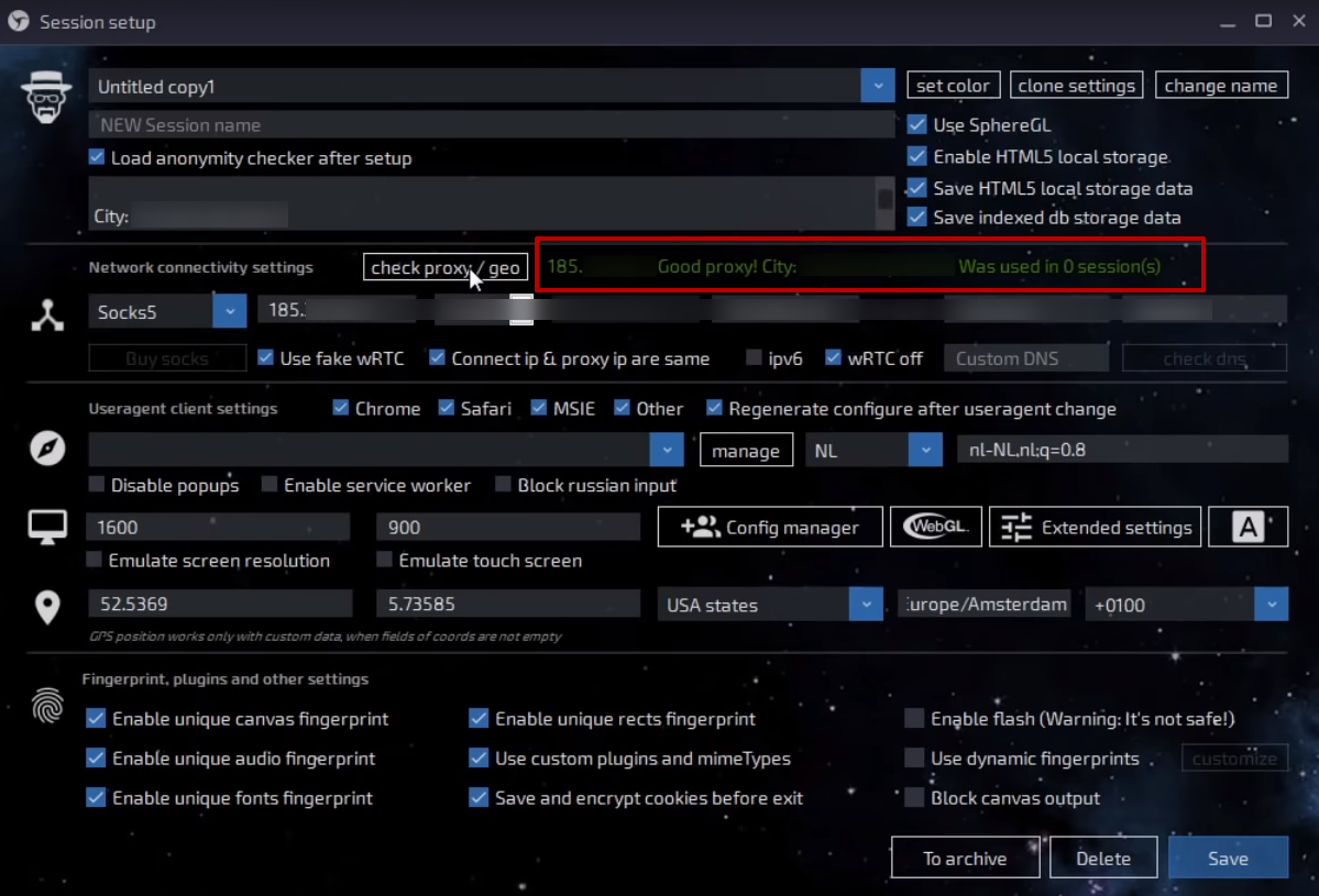 Нажмите «Check proxy / geo»