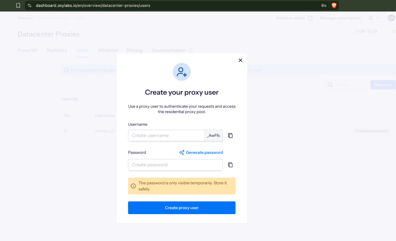 Oxylabs dashboard proxy user creation dialog with username and password fields and a generate password options.