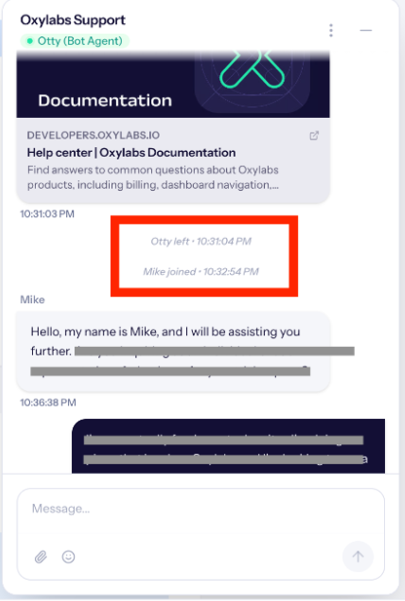 Oxylabs support chat showing the Otty bot agent handing the conversation over to a human agent named Mike.