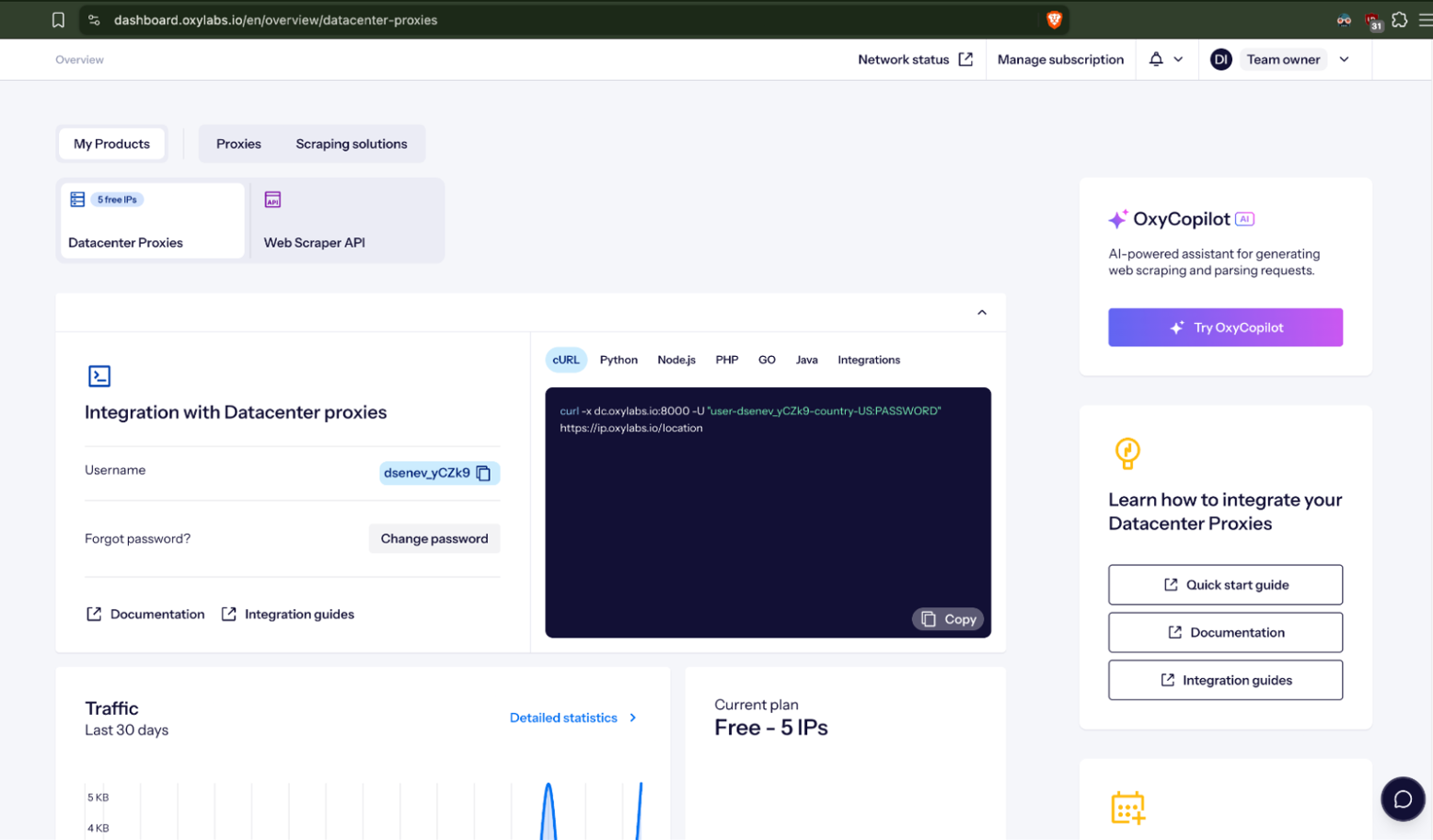 Oxylabs dashboard overview with product tabs, integration widget with curl code sample, traffic graph, and current plan panel.