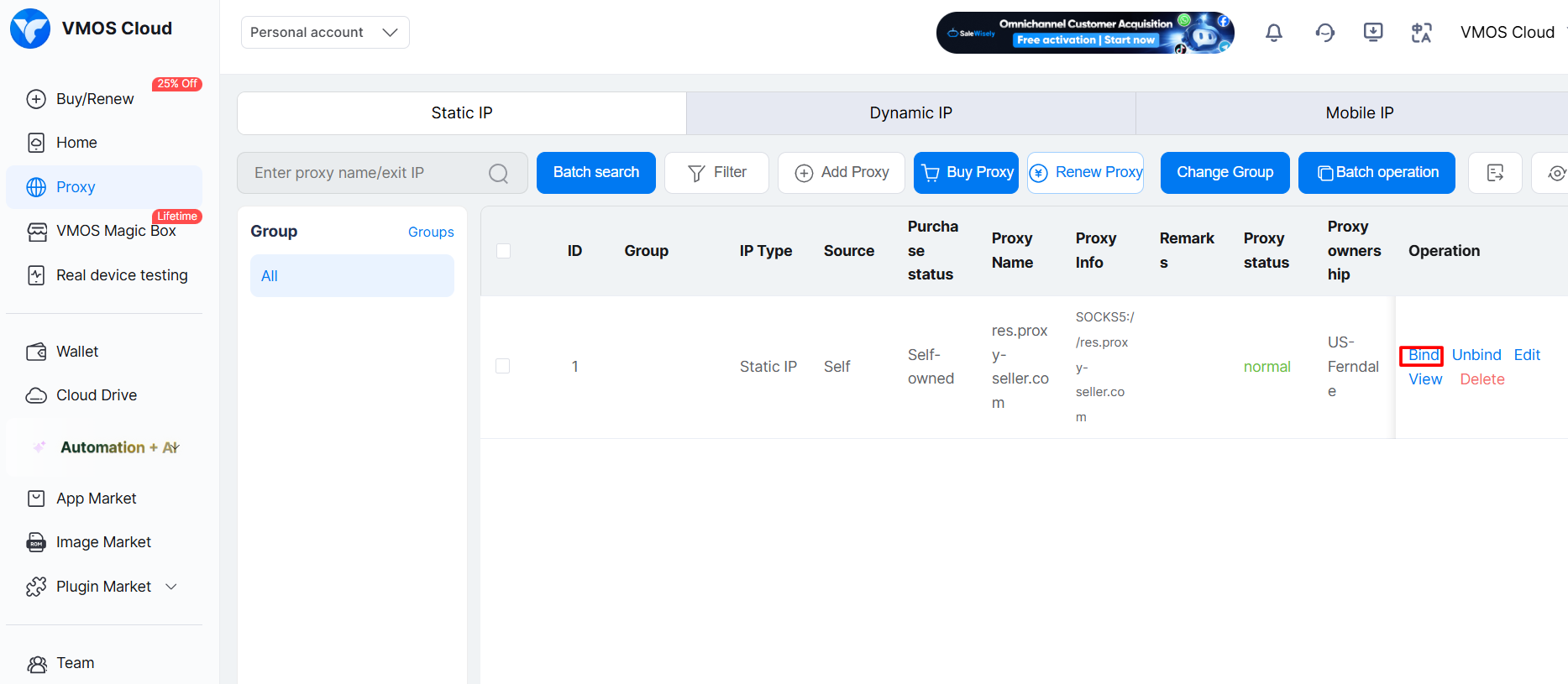 VMOS Cloud proxy assignment dialog with the target Android device