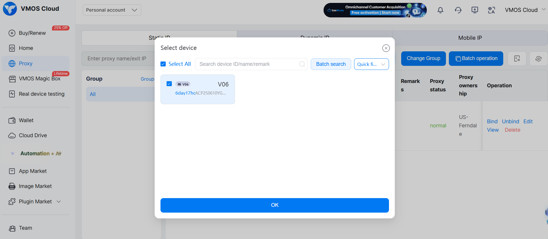 VMOS Cloud proxy binded with the target Android device