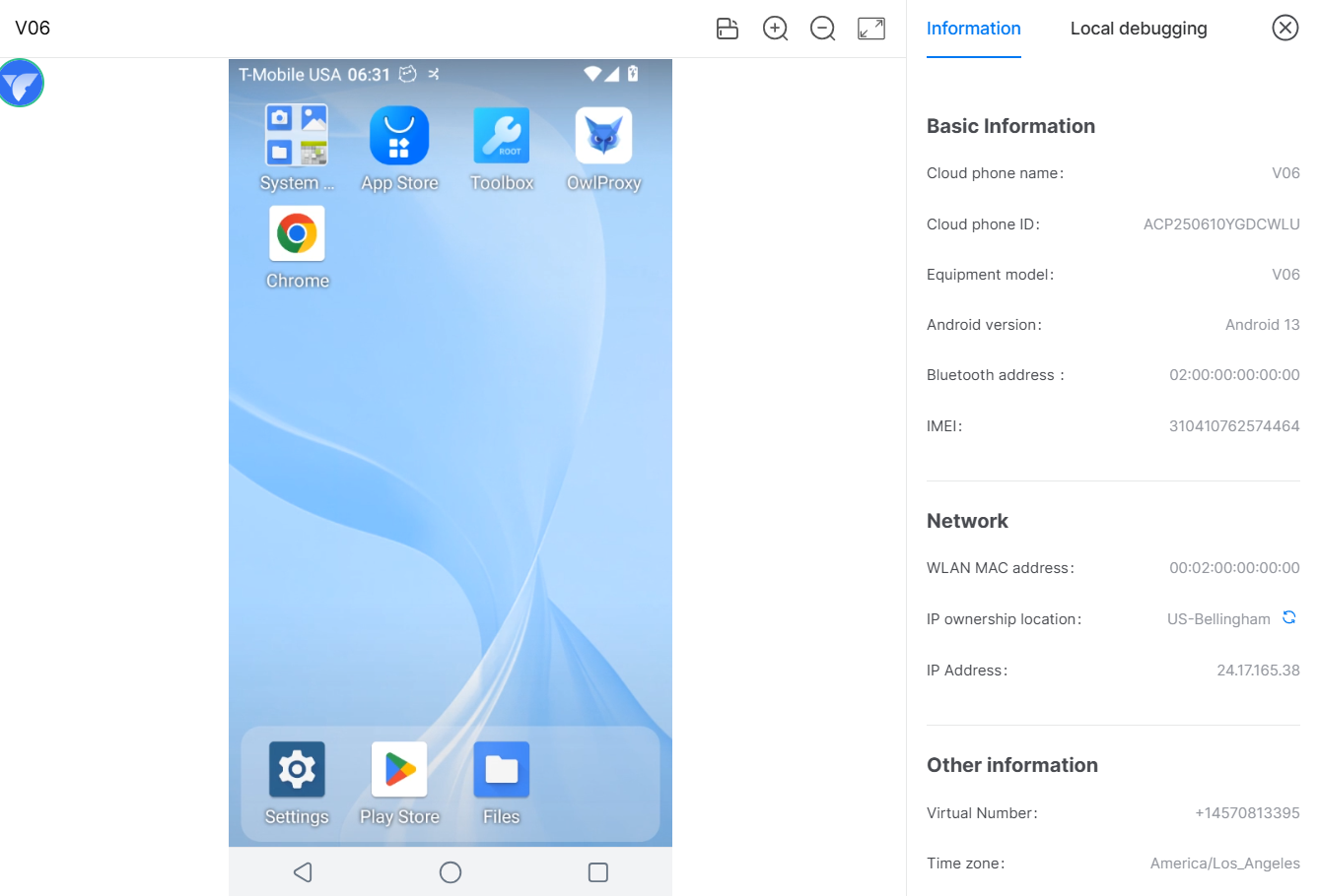 VMOS Cloud Android main screen with apps and device parameters