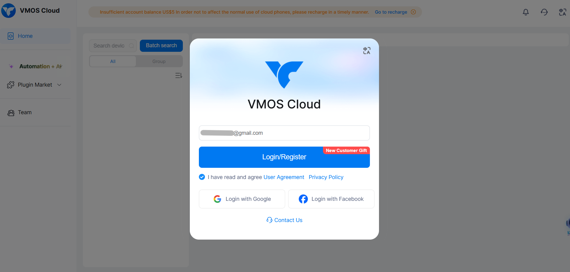 VMOS Cloud registration screen with email and third-party sign-in options