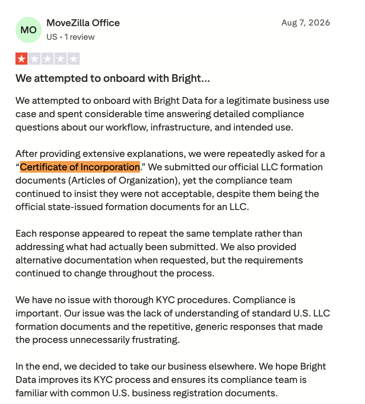 MoveZilla Office review on Bright Data's official page on Trustpilot.