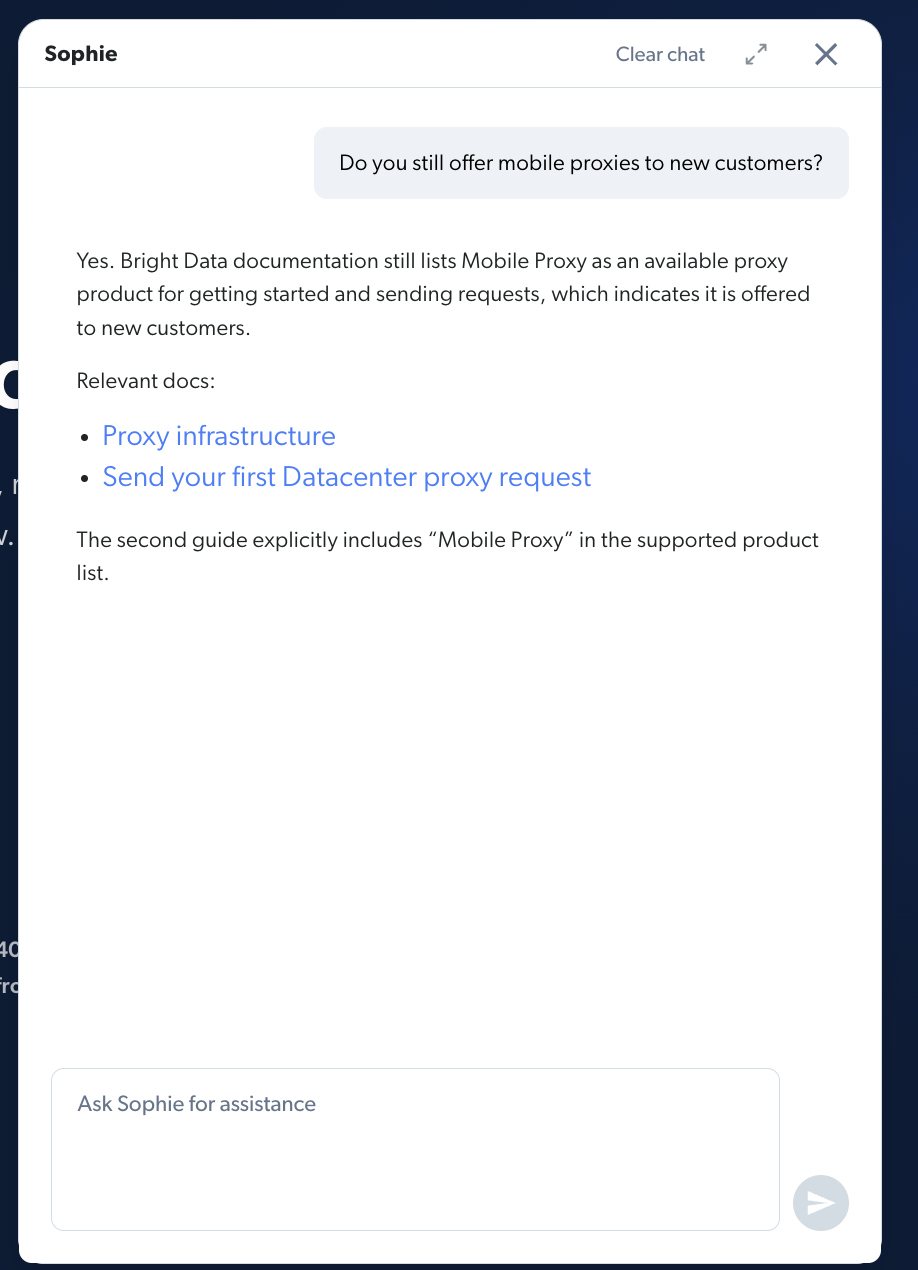 Online support chat on the Bright Data website with an AI agent.