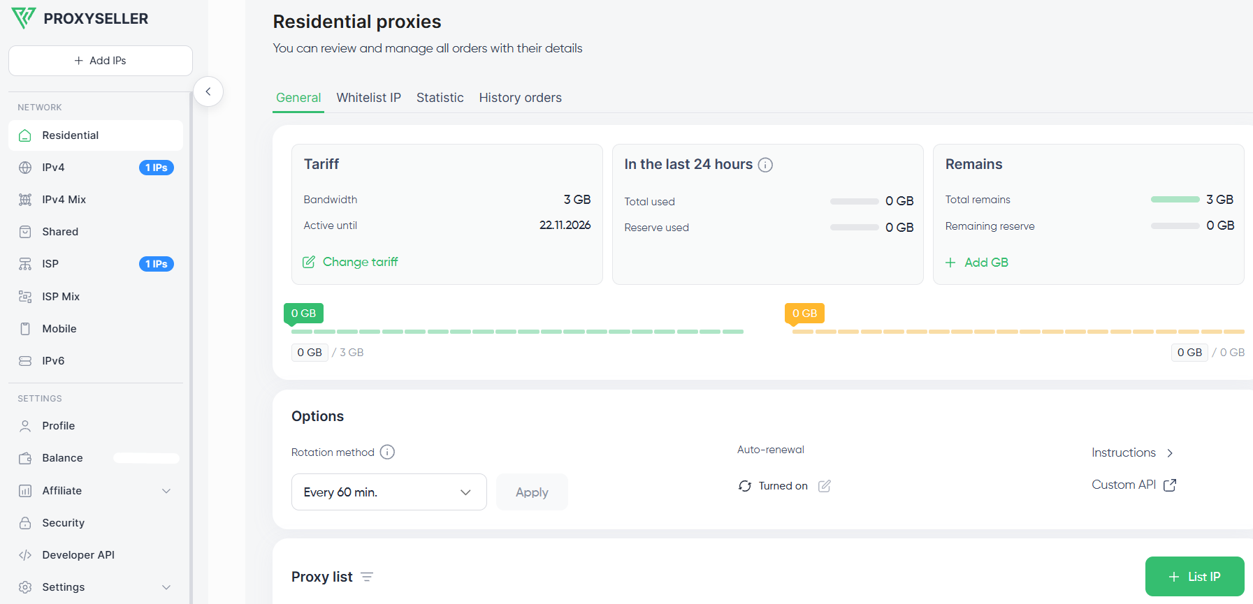 Proxy-Seller dashboard Residential proxies tab with tariff, remaining traffic, rotation method, and auto-renewal