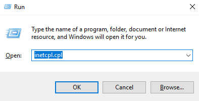 Press the key combination «Win» + «R». A window will appear where «inetcpl.cpl» is must be entered