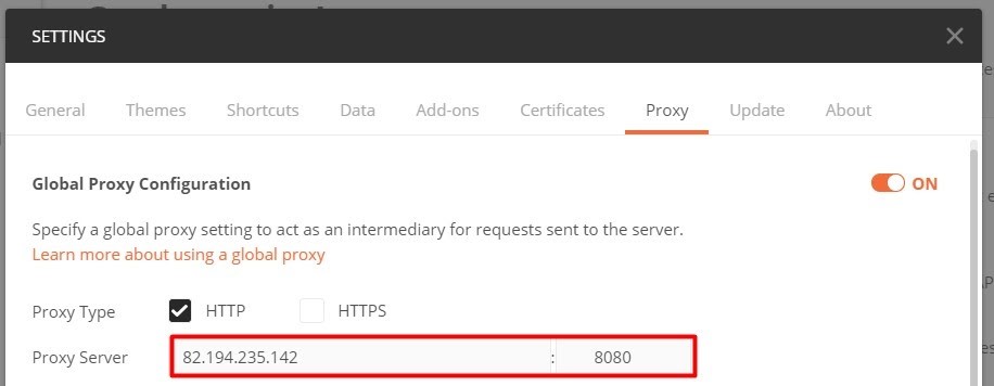 Enter your proxy information for Postman