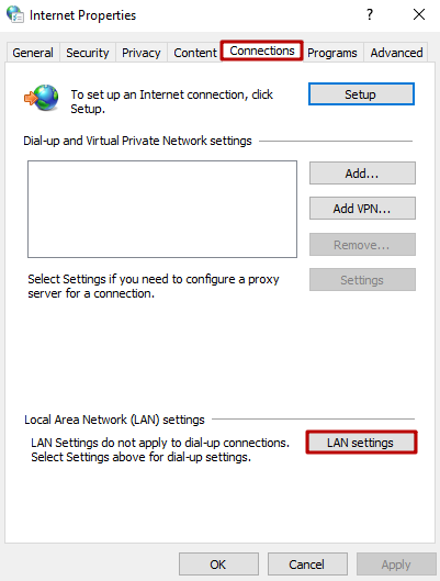 Open the «Connections» tab and press the “LAN settings» button