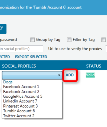 Click the drop-down box «SOCIAL PROFILES», select the required account and press the «ADD» button