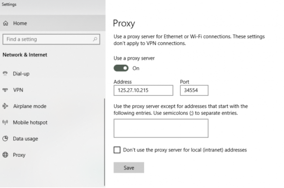 Use the proxy through the Windows settings: Settings - Proxy. Then enter the necessary data, switch the proxy server to «On» mode and save