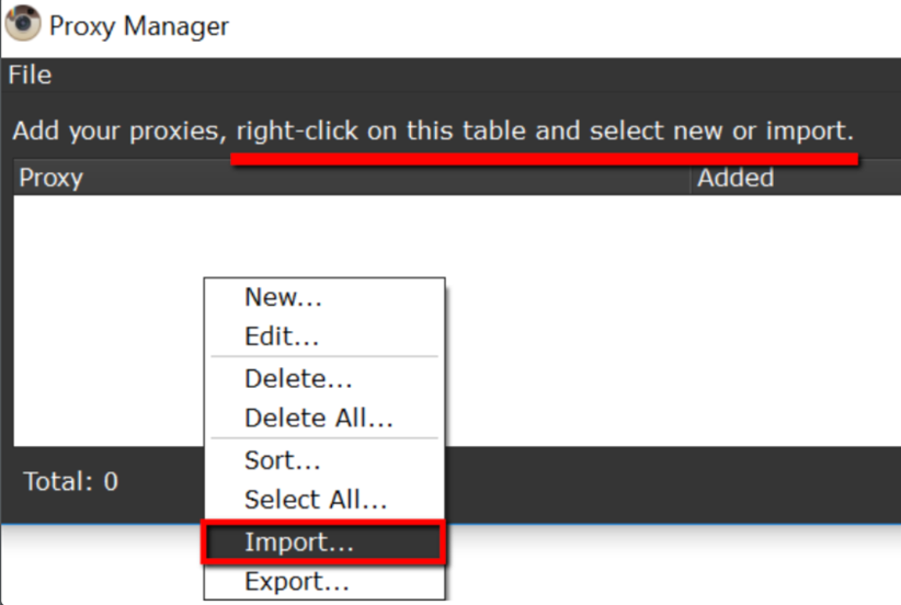 Press the right click of the mouse on the table and select Import