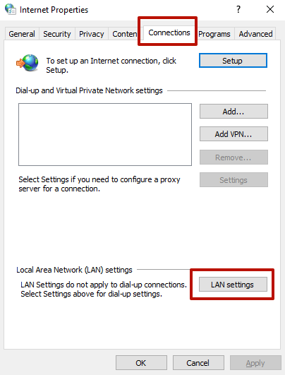 Go to «Connections», then «LAN settings»