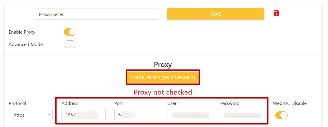 Enter the required data of proxy. After this, press the «CHECK PROXY» button