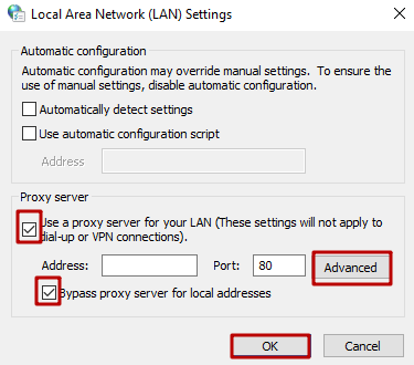 Take off the «Use a proxy server for your LAN» and «Bypass proxy server for local addresses» checkboxes. Press the «OK» button