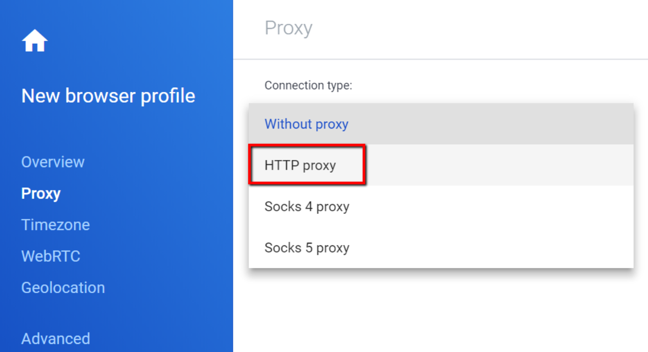 Select the «HTTP proxy»