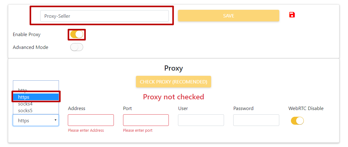 Enter any name of the profile. Put a tick for «Enable Proxy» and choose the required protocol from the drop-down box