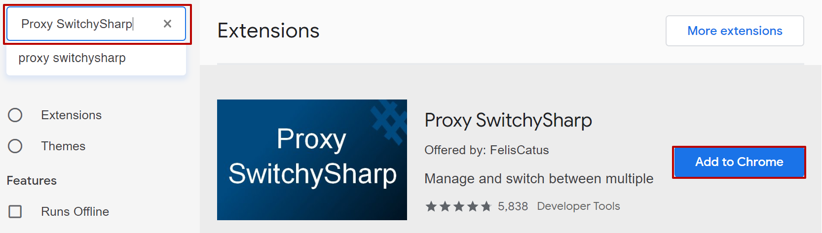 In the search field, enter the name of the extension «Proxy SwitchySharp» and press the Enter key