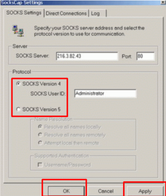Choose the proxy server type: Socks5 or Socks4