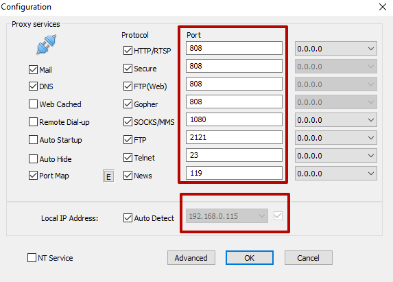 You can view the IP address and port (depending on the protocol used) of your proxy in the CCProxy program in the «Options» menu
