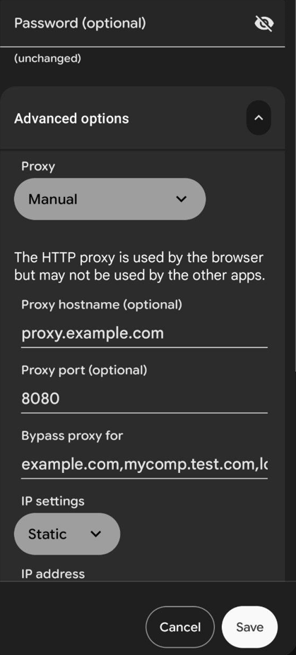 Android Wi-Fi Advanced options with Manual proxy settings and hostname and port fields for residential proxy configuration