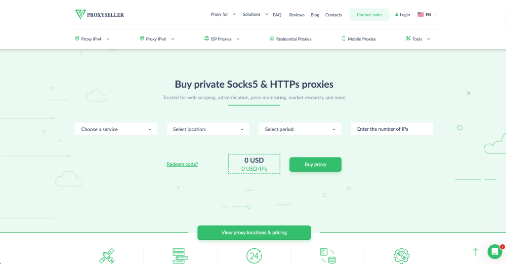 Proxy-Seller homepage hero with service selector for residential, ISP, and datacenter proxies across 220+ locations