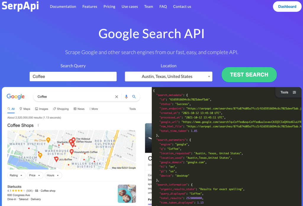 SerpApi Google Search API homepage running a live Coffee SERP test for Austin with structured JSON response