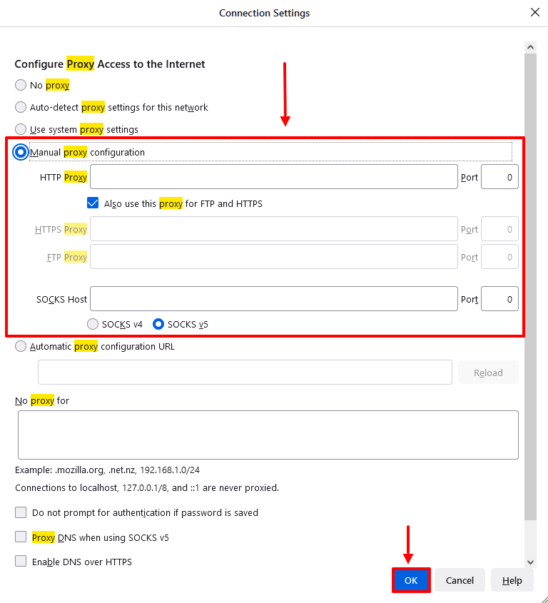 Connection settings in Firefox