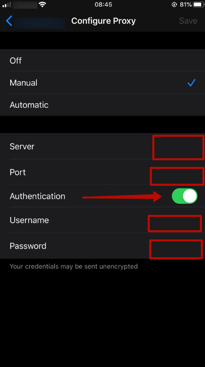 iOS Configure Proxy screen in Manual mode with Authentication toggle and credential fields for residential proxy setup