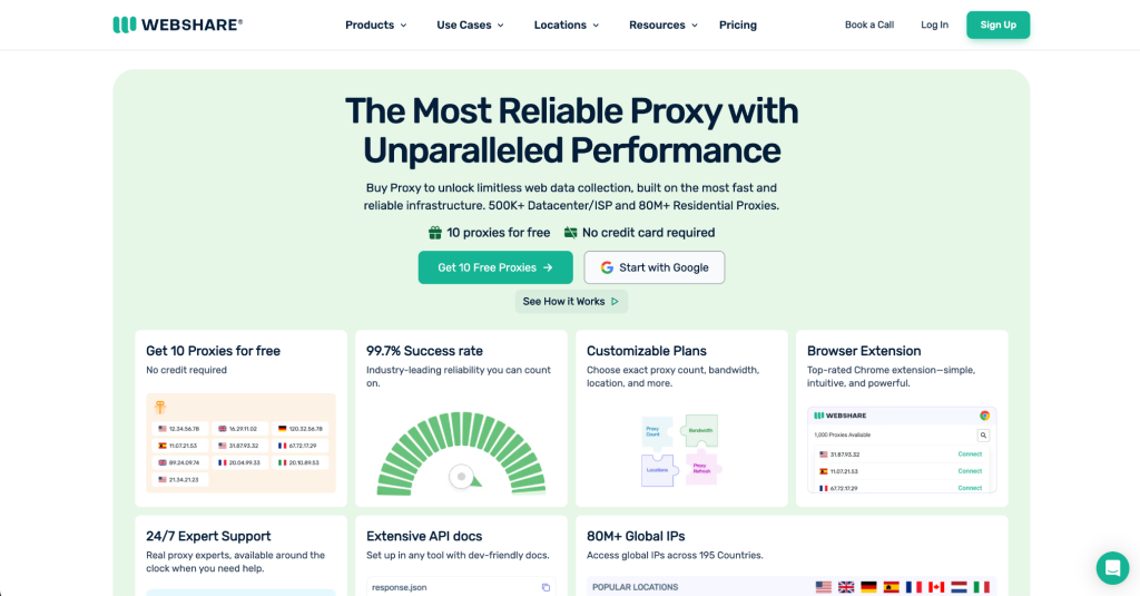 5.png Webshare homepage hero with free datacenter proxy plan, 99.7% success rate, and 80M+ residential IPs across 195 countries