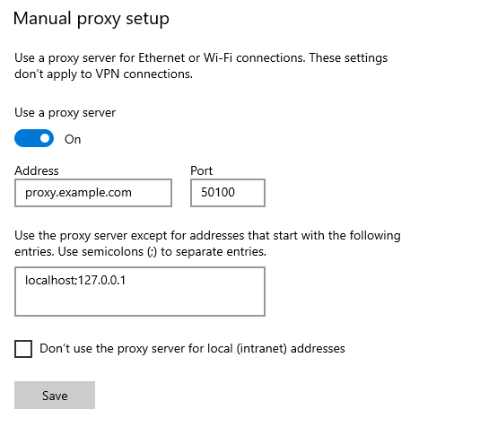 Windows Manual proxy setup screen with address and port fields to configure residential proxies system-wide